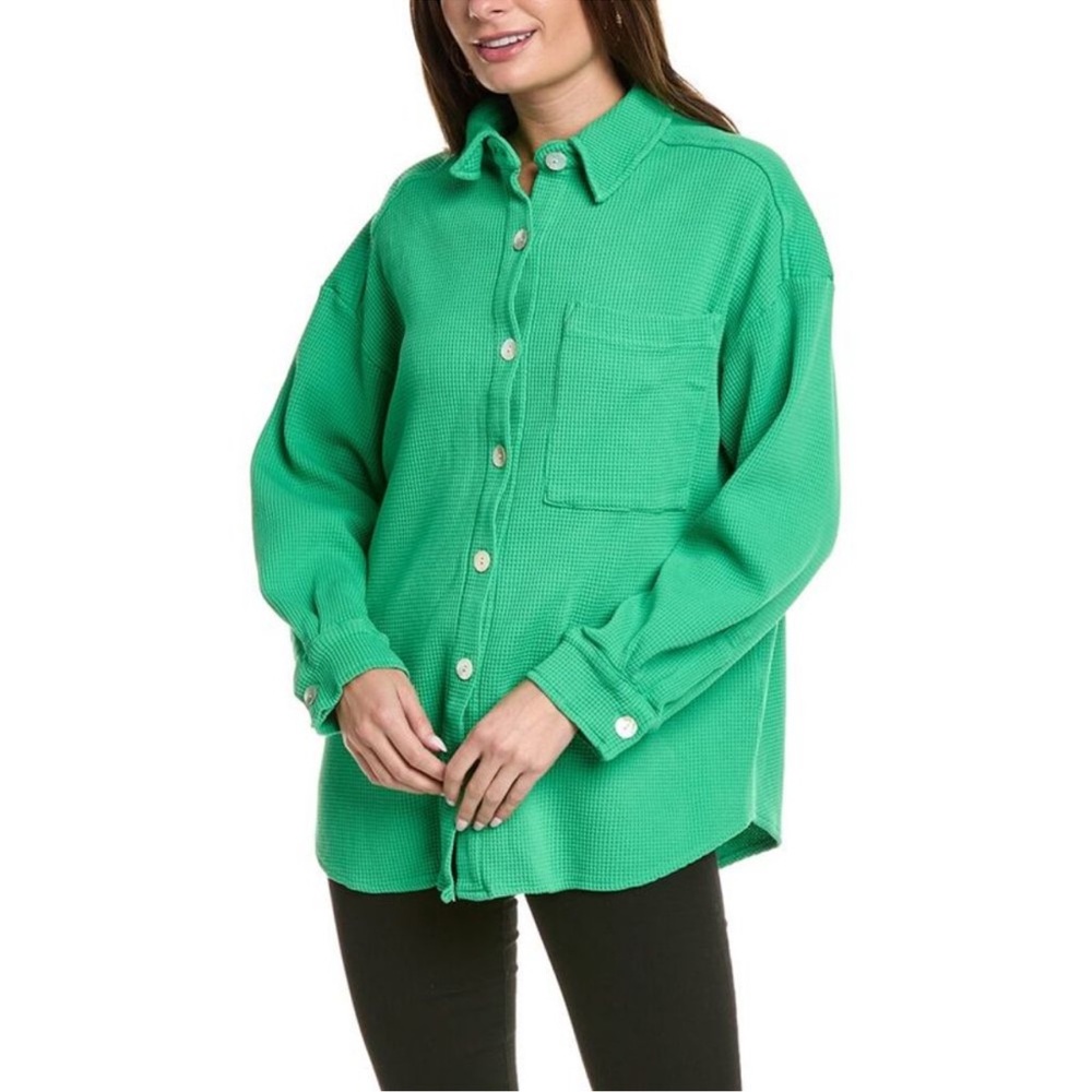 Electric & Rose Green Waffle Knit Button-Up Shirt Size M Relaxed Fit Pocket Top